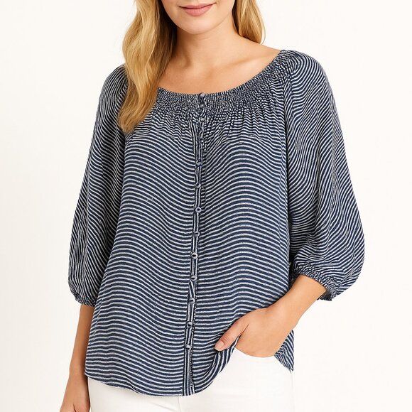 Banana Republic 100% Silk Blue White Striped Peasant Blouse Size L Boho Chic - Picture 1 of 9